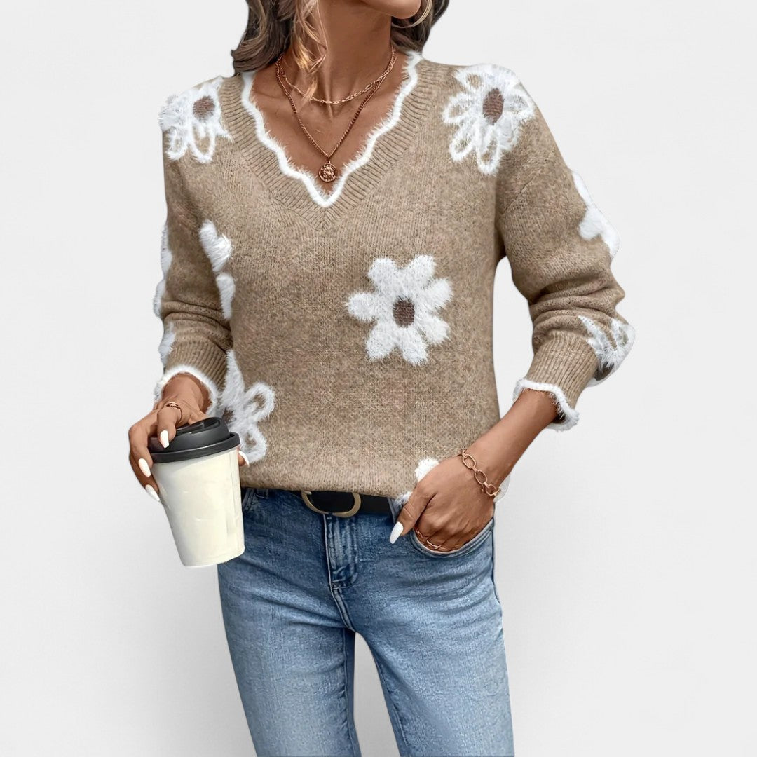 Thea Elegant Floral Sweater with V-Neck