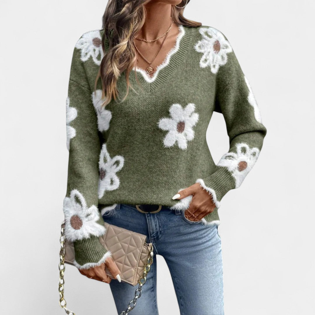 Thea Elegant Floral Sweater with V-Neck