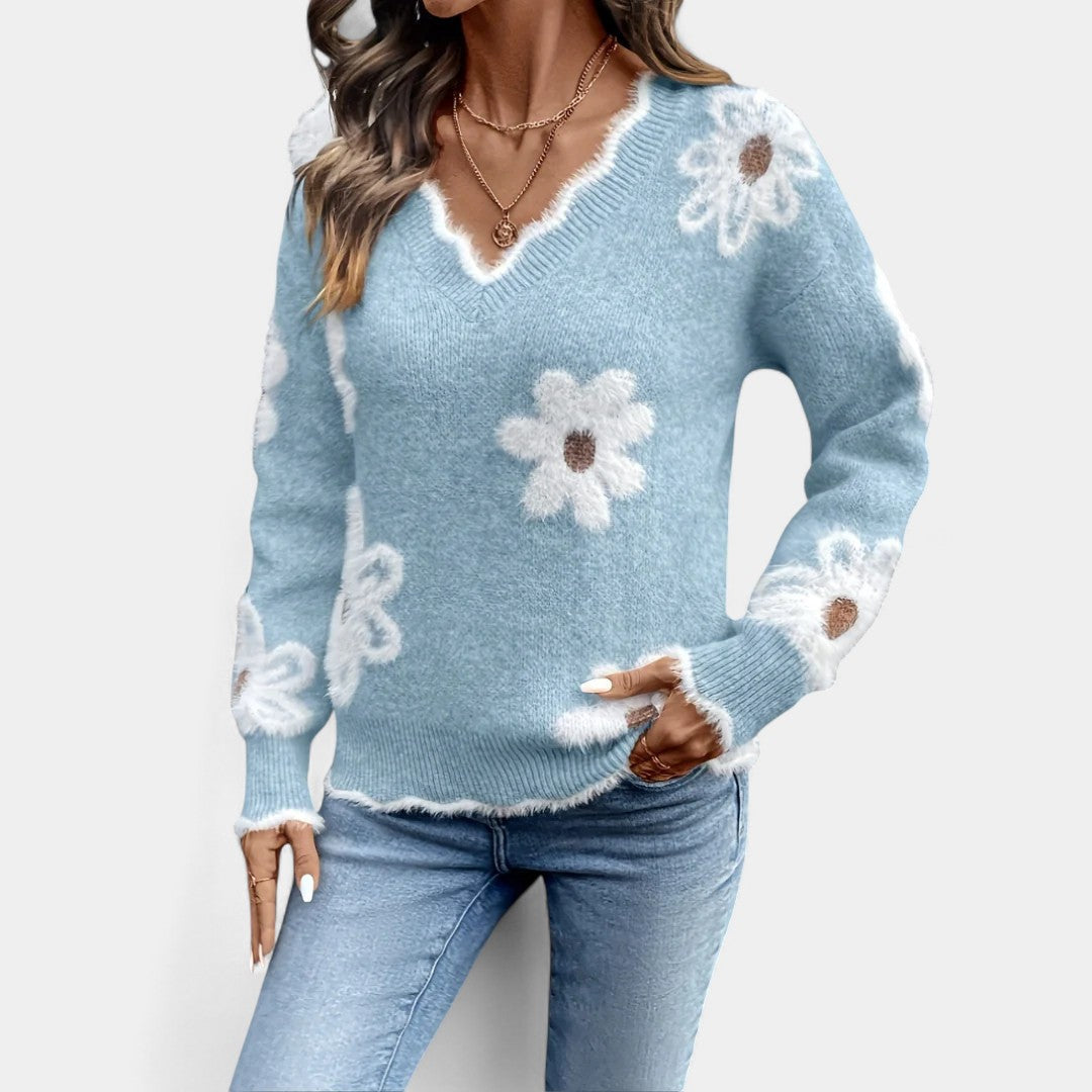 Thea Elegant Floral Sweater with V-Neck